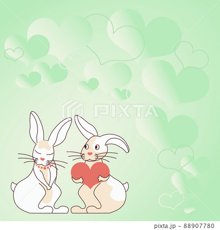 Two rabbits with heart shaped gifts with heartful background demonstrate couples exchanging offerings. Bunnies represent passionate lovers with lovely presents. 88907780
