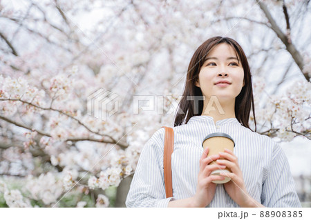 桜　女性　ポートレート　ドリンク 88908385