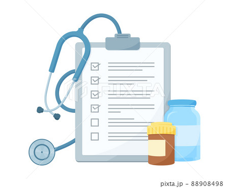 医療カルテのイラスト 聴診器と薬と診断書 病院での診察や処方箋のベクターイメージ のイラスト素材