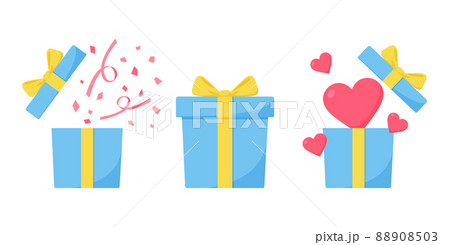 ギフトボックスのイラスト. 紙吹雪, ハート, リボン. プレゼントや記念日のイメージ. 青と黄色. ギフトボックスのイラスト. 紙吹雪, ハート, リボン. プレゼントや記念日のイメージ. 青と黄色. 88908503