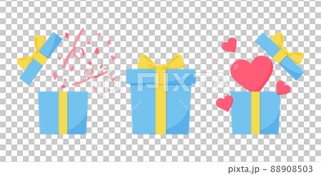 禮品盒的插圖 五彩紙屑，心，絲帶 禮物和紀念日的圖像 藍色和黃色 88908503