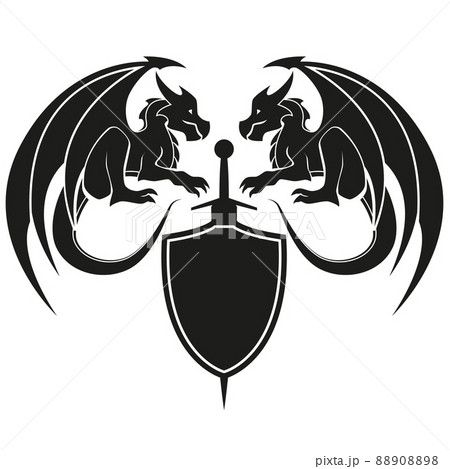 two dragons with sword and shield - Dragon symbol, black and white illustration vector two dragons with sword and shield - Dragon symbol, black and white illustration vector 88908898