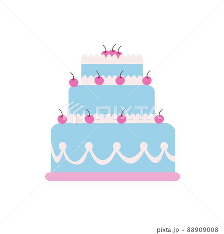 Three-tiered cake with fresh cherries. On a pink tray. Color image on a white background. Doodle. Three-tiered cake with fresh cherries. On a pink tray. Color image on a white background. Doodle. 88909008