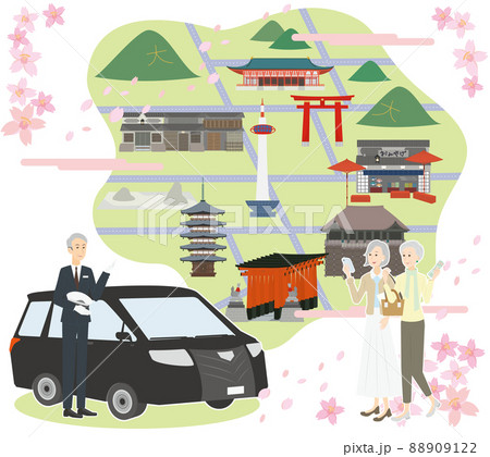 春の京都観光をアテンドする男性のタクシー運転手 88909122