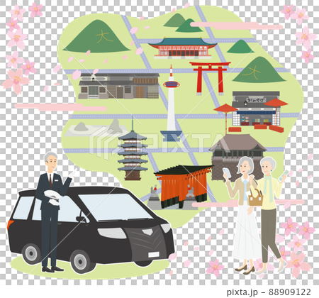春の京都観光をアテンドする男性のタクシー運転手 88909122