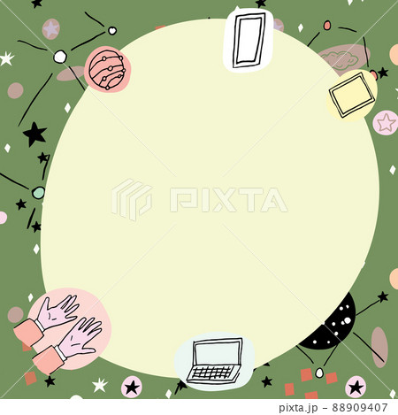 Blank poster decorated with modern technology symbols. Empty frame border surrounded by multicolor laptop mobile phone representing science and technology. Blank poster decorated with modern technology symbols. Empty frame border surrounded by multicolor laptop mobile phone representing science and technology. 88909407