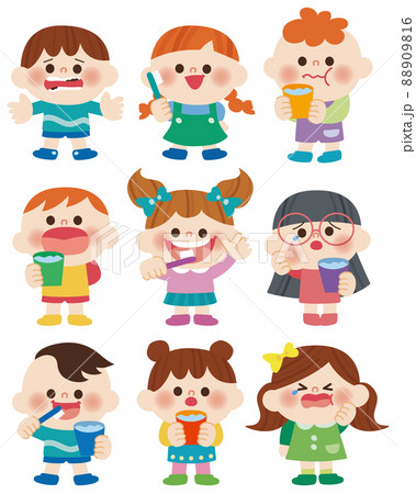 虫歯になった子と歯磨きをする子のイラスト 88909816