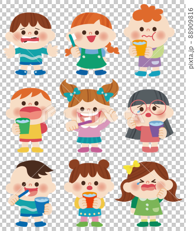 虫歯になった子と歯磨きをする子のイラスト 88909816