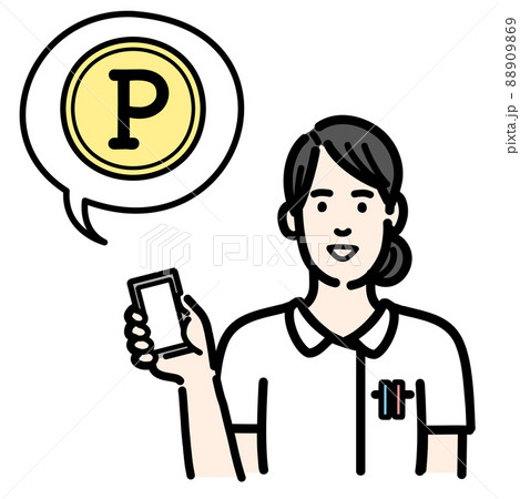 スマートフォンを持ってポイントの説明をしている白衣を着た若い女性 スマートフォンを持ってポイントの説明をしている白衣を着た若い女性 88909869