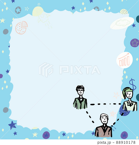 Blank frame decorated with colorful stars and business financial doodles. Empty poster border displays triangle of company employees discussing business terms. 88910178
