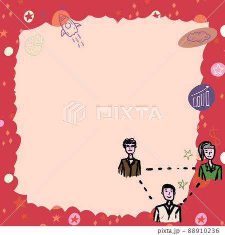 Blank frame decorated with colorful stars and business financial doodles. Empty poster border displays triangle of company employees discussing business terms. 88910236