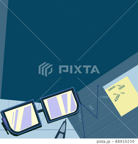Glasses sitting on desk surrounded with papers consisting charts calculation future successful financial plans. Notepad being presented featuring estimating project finances. Glasses sitting on desk surrounded with papers consisting charts calculation future successful financial plans. Notepad being presented featuring estimating project finances. 88910250