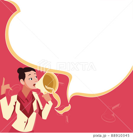 Female leader making statement. Woman wearing formal attire holds megaphone giant speech balloon. Lady expressing success and encouragement. Activist protesting. Female leader making statement. Woman wearing formal attire holds megaphone giant speech balloon. Lady expressing success and encouragement. Activist protesting. 88910345
