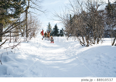 Extreme long shot of three young people having fun on winter day watching their friend sledding down Extreme long shot of three young people having fun on winter day watching their friend sledding down 88910537