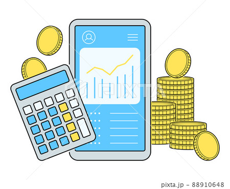 スマートフォンでお金の管理や計算をするイラスト. ファイナンシャルプランのコンセプトデザイン. スマートフォンでお金の管理や計算をするイラスト. ファイナンシャルプランのコンセプトデザイン. 88910648