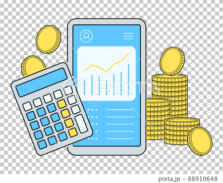 スマートフォンでお金の管理や計算をするイラスト. ファイナンシャルプランのコンセプトデザイン. スマートフォンでお金の管理や計算をするイラスト. ファイナンシャルプランのコンセプトデザイン. 88910648