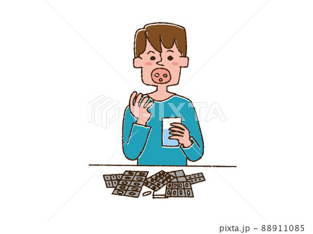 薬をたくさん飲んでいる男性　コミカルな手書きの人物　ベクター、線画にカラー 88911085