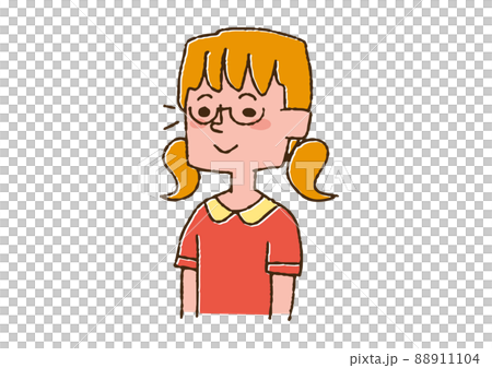 メガネをしている女の子　コミカルな手書きの人物　ベクター、線画にカラー 88911104