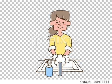 A woman washing her hands with soap, a comical handwritten person, vector, line drawing and color 88911111