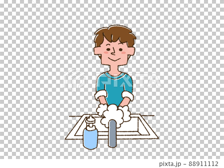 A boy washing his hands with soap, a comical handwritten person, vector, line drawing and color A boy washing his hands with soap, a comical handwritten person, vector, line drawing and color 88911112