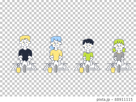 A set of people washing their hands with soap, a comical handwritten person vector, color on a line drawing 88911115
