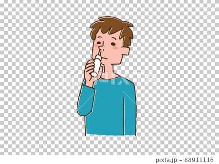 点鼻薬を使用する男性　コミカルな手書きの人物　ベクター、線画にカラー 88911116