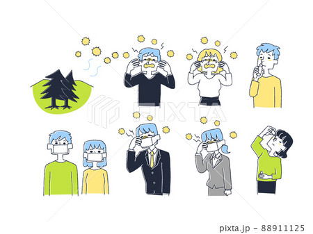 花粉症の症状に悩まされる人々のセット　コミカルな手書きの人物　ベクター、線画にカラー 88911125
