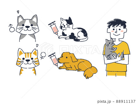 犬猫の保護活動のイラストセット コミカルな手書きの人物 ベクター 線画にカラーのイラスト素材