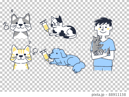 犬猫の保護活動のイラストセット　コミカルな手書きの人物　ベクター、線画にカラー 88911138