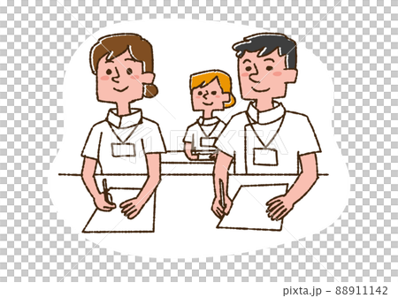 勉強会に出席する看護師 コミカルな手書きの人物 ベクター 線画にカラーのイラスト素材