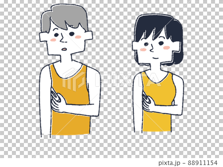 脇の下で熱を測る男女のセット コミカルな手書きの人物 ベクター 線画にカラーのイラスト素材