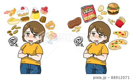 甘いものや脂の多い肉を食べたくて仕方ないダイエット中の女の子のイラスト素材 8171