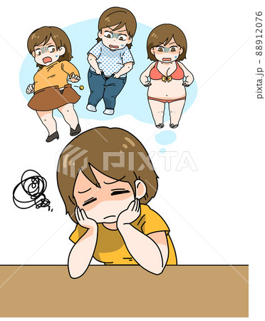水着やジーンズなどの服が入らなくなって落ち込むダイエット中の女の子のイラスト素材 8176