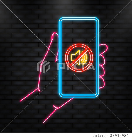 Neon Icon. Hand holds phone with no sound sign on screen on darck background. Vector illustration 88912984