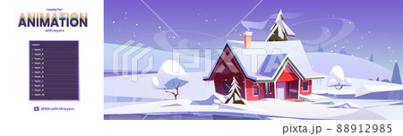 Parallax background with winter fields and house 88912985