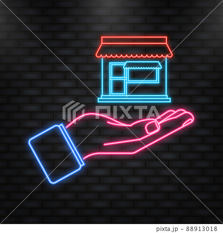 Neon Icon. Online store in hand, great design for any purposes. Isolated vector illustration. Pharmacy vector graphic. Online shop. 88913018