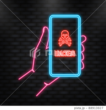 Neon Icon. Hacked, great design for any purposes. Internet technology. Cyber crime, hacker attack. Phishing scam. Neon Icon. Hacked, great design for any purposes. Internet technology. Cyber crime, hacker attack. Phishing scam. 88913027