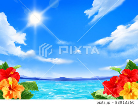 太陽の光差し込む青い空の下 美しい海沿いに夏の葉っぱとハイビスカスの咲く夏のおしゃれフレーム背景素材のイラスト素材