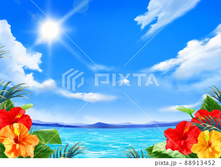 太陽の光差し込む青い空の下 美しい海沿いにヤシとハイビスカスの咲く夏のおしゃれフレーム背景素材のイラスト素材