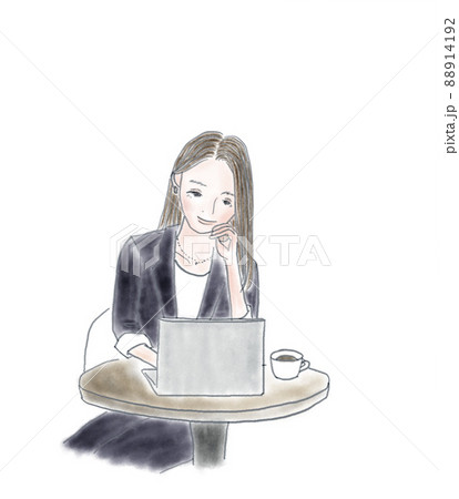 頬杖えをつきながらパソコンを見るスーツ姿の女性 88914192