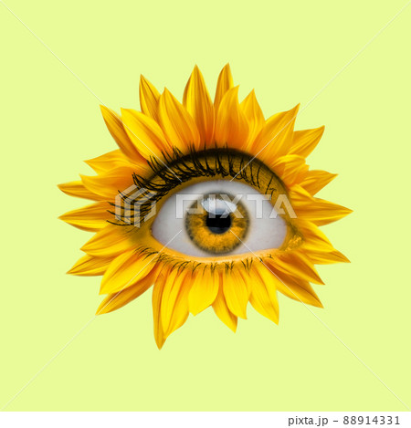 Yellow camomile flower with an eye inside it on bright background. Modern design. Contemporary art. Creative collage. Beauty, art, vision, fashion 88914331
