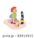 Boy playing with cubes stands a tower, watercolour vintage style. 88914915
