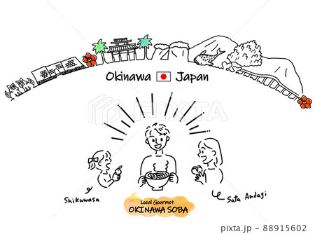 沖縄の観光地の街並みとご当地グルメを食べる家族のシンプル線画 88915602