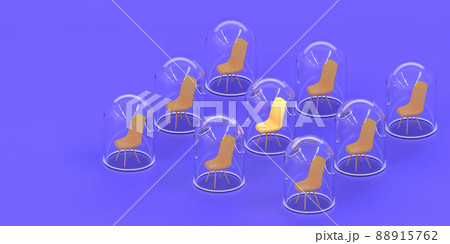 Social distance isometric concept 3d render illustration. Rows of blank yellow office chairs under glass domes in conference room, empty auditorium for training or seminars, lecture hall in pandemic 88915762
