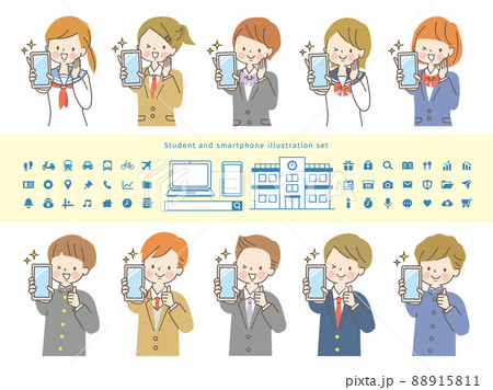 スマホの画面を見せる男女の学生達とアイコン 88915811