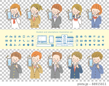 スマホの画面を見せる男女の学生達とアイコン 88915811