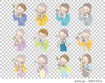 Illustration material of middle women smiling looking at smartphone 88915812