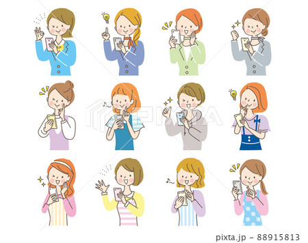スマホを見て笑顔の若い女性達のイラスト素材 88915813
