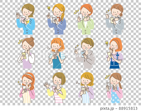 スマホを見て笑顔の若い女性達のイラスト素材 88915813