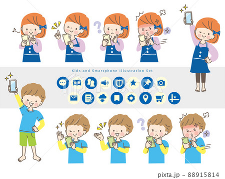 スマホを操作する子ども達の表情セット 88915814